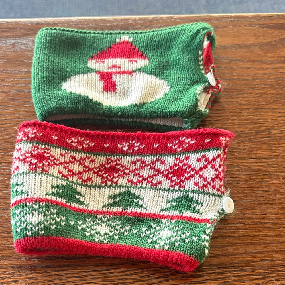 MUST GO! Holiday Knit Mug or Cup Warmers - Green, Red & White